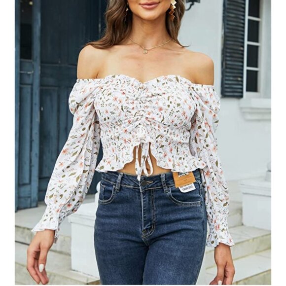 White Floral Print Ruched Long Sleeve Ruffle Frill Smocked Babydoll Crop Top - Picture 3 of 6